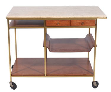 Paul McCobb Bar Cart for Calvin Furniture: Paul McCobb bar cart for Calvin Furniture with brass frame and marble top, refinished mahogany shelves, 2 drawers, pull out side tray and removable bent plywood serving tray. Easily movable on 4 wheel