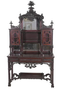 Edwards & Roberts Chinese Chippendale Cabinet: Edwards & Roberts English mahogany Chinese Chippendale style cabinet on stand with ornately carved wood and open work details across top and front apron. Two middle mirrors with shelf in center, flank