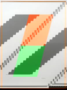 Ellsworth Kelly 1970 Lithograph 'Orange/Green': Ellsworth Kelly, American (1923-2015). 'Orange/Green' 1970 lithograph numbered 73/75 lower left and signed lower right and mounted in light wood frame. Featured in Catalogue Raisonne 'Axiom 64'. Measu