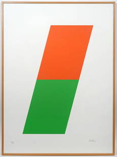 Ellsworth Kelly 1970 Lithograph 'Orange/Green': Ellsworth Kelly, American (1923-2015). 'Orange/Green' 1970 lithograph numbered 73/75 lower left and signed lower right and mounted in light wood frame. Featured in Catalogue Raisonne 'Axiom 64'.