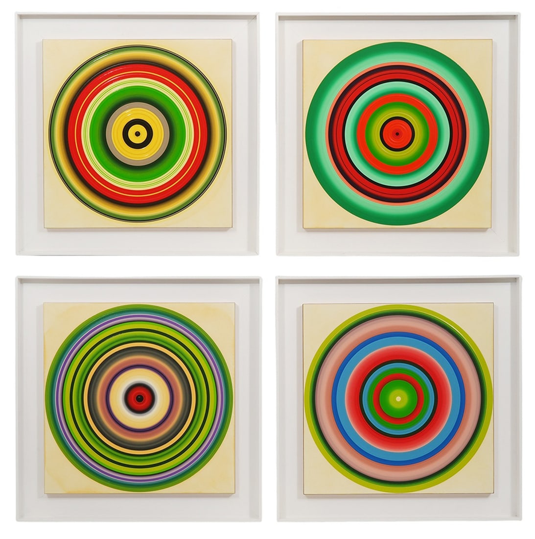Set of Four Don Suggs Paintings: Don Suggs, American (1945-2019). Known for his intense use of color, this lot includes four oil on gessoed panel paintings in white frames, signed and titled on verso with labels from LA Louver. 'Hood