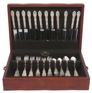 Gorham 64 Pcs. Sterling 'Mythologique' Flatware: 64 pieces of Gorham Sterling 'Mythologique' flatware includes 12 hollow handle dinner knives (9.5"L); 12 tablespoons (7.25"L; 675 grams); 12 teaspoons (6"L; 450 grams); 16 salad forks (7"L; 1064