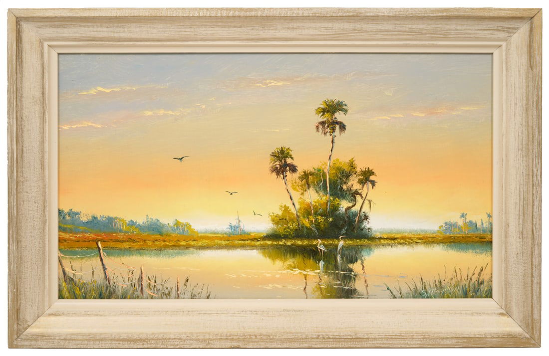 Sam Newton Highwaymen Painting: Sam Newton, American (Born 1948). Untitled oil on masonite painting mounted in wood frame with white washed finish, signed lower right, showcasing palm trees and herons by the water. Measures 17.75"H
