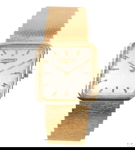 Longines 14K Gold Men's Dress Wristwatch: 14K yellow gold Longines Reference RG148 man's dress watch has an integral 14K yellow gold bracelet and a 17 jewel caliber 528 manual wind movement. The 25mm square wristwatch has a silvered metal dia