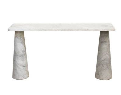 Angelo Mangiarotti Carrara Marble Console Table: Angelo Mangiarotti, Italy (1921-2012). Mangiarotti designed Carrara rectangular console table, Eros Collection for Skipper, model E 20. Supported by two tapered columned legs. Measures 54.75"L x 15.75