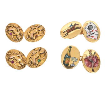 Hancocks of London Cufflinks & Satyrs: Pair of vintage 'Hancocks of London' 18K yellow gold enamel cufflinks, 'The Four Vices', features multi-colored enamels depicting a Folies Begere Dancing Lady, Champagne Bottle & Glass, Deck of Cards