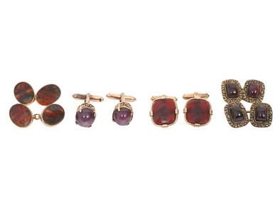 Cameo Cufflinks, Star Ruby, Garnet, Agate: Pair of cornelian cameo cufflinks features carved Roman soldiers' profiles in stamped 12K GF frame, measures 16mm x 13mm, weighs 7.7 grams. Good condition, please see photos. Pair of 14K yellow gold c