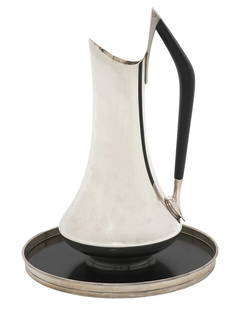 Gorham 'Circa 70' Sterling Pitcher & Tray: Rare Gorham sculptural pitcher designed by Donald H. Colflesh called 'Circa 70' and introduced in 1960. Contrasting ebony handle, strainer on inside of spout and slender neck over wide squat base.