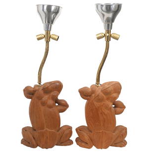 Pair of Gabriella Crespi Lamps 'Rana' with COA: Pair of Gabriella Crespi lamps with carved wood frog bases and chrome 3 socket light fixture circa 1970's. Rare pair of sculptural bases of sitting frogs. **Gabriel Crespi Foundation is currently