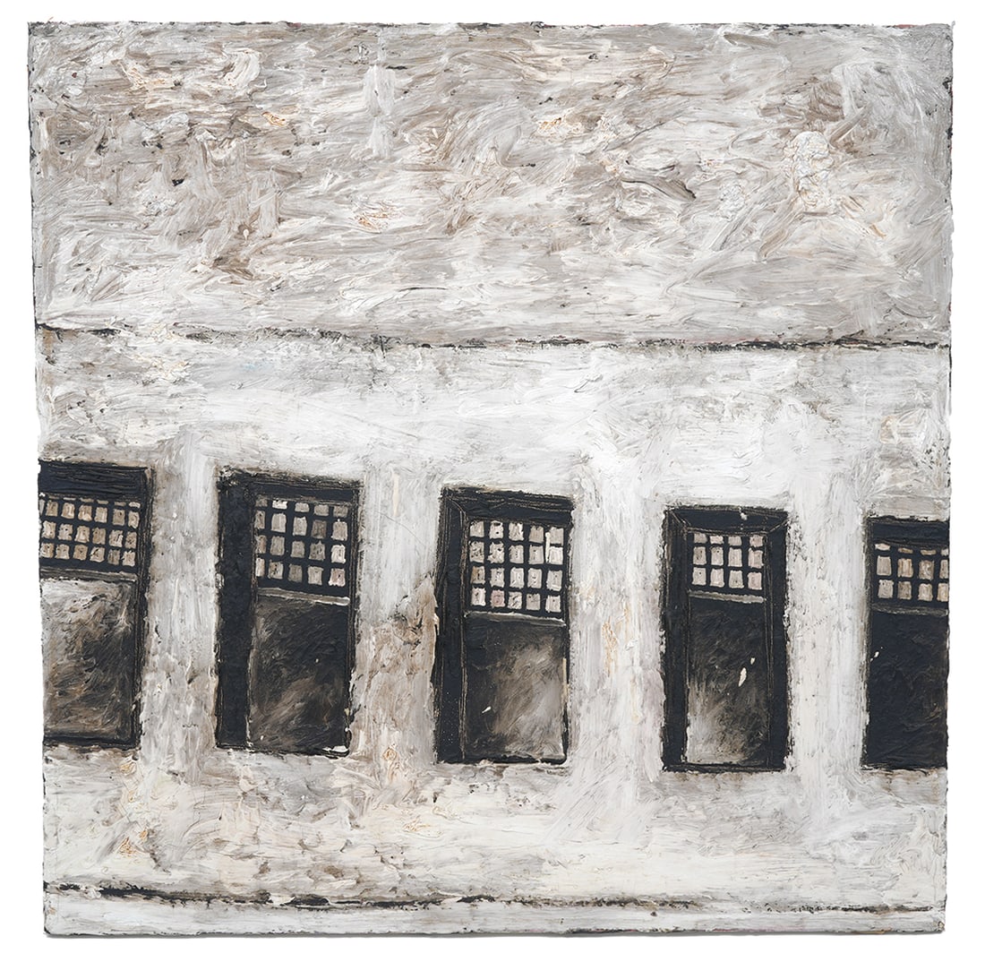 Charles McGill 'Raw City' Oil & Tar Painting 1987: Charles McGill, American (1964-). 'Raw City' 1987. Oil and Tar on Canvas. Signed on verso. Unframed 24" x 24". Condition report: some minor craquelure, please see all photos. Contact AAG for more deta