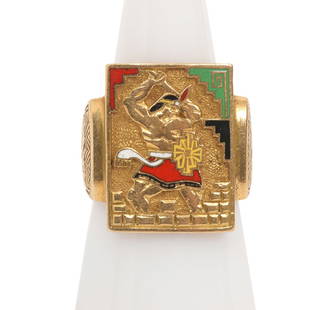 Gentleman's 18K YG Enamel Aztec Warrior Ring: 18K yellow gold enamel aztec warrior ring features a sculptured figure of an Aztec warrior with sword and shield embellished with red, green, white & black enamel accents and engraving on side shoulde