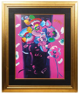 Peter Max Signed Mixed Media 'Roseville Profile': Peter Max, German/American (Born 1937). 'Roseville Profile'. Pop art mixed media in vivid colors by Peter Max signed in top right corner and mounted in gilt frame with black matting. Measures 44.5"H