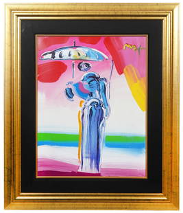 Peter Max 'Umbrella Man with Cane' Mixed Media: Peter Max, German/American (Born 1937). Mixed media 'Umbrella Man with Cane' signed top right and mounted in gilt decorative frame with black matting. Measures 40.5"H x 34W" framed; 27"H x 20.5"W visu