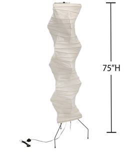 Isamu Naguchi Floor Lamp Model UF4-33N: Isamu Noguchi Japanese floor lamp by Ozeki on metal tripod base & frame. Shade is washi paper with bamboo ribbing. Signed along bottom of shade. Measures 75"H x 18"W base. Condition report: good condi