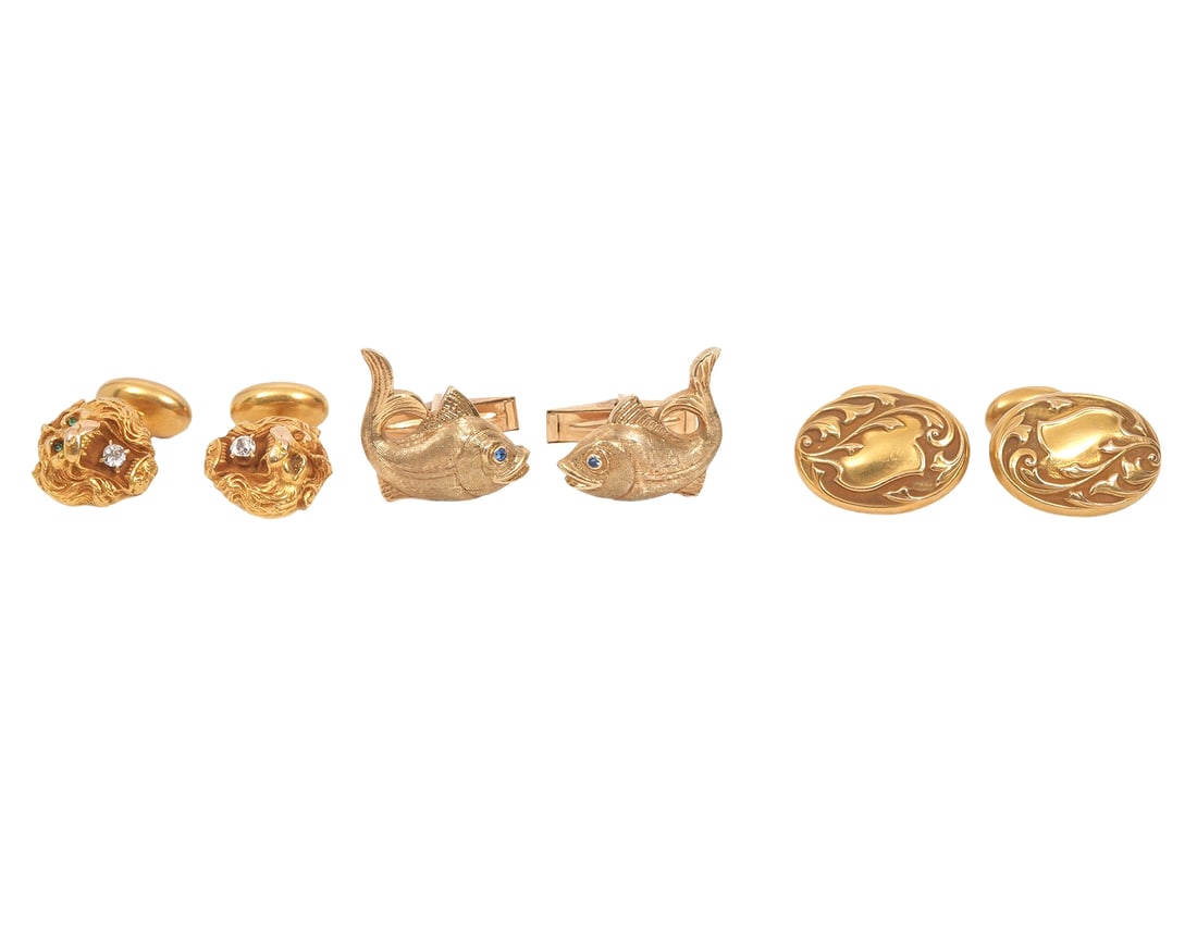 Gold Art Nouveau, Lions Heads, Fish Cufflinks (1 of 9)