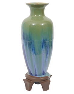 Fulper Mirror Glazed Footed Art Vase: Fulper mirror glazed art vase in shades of blues and greens raised on four pedestal feet. Measures 16"H x 5.75"W. This vase is shape #491 and listed as 16 inches in the original Fulper catalog. Condit