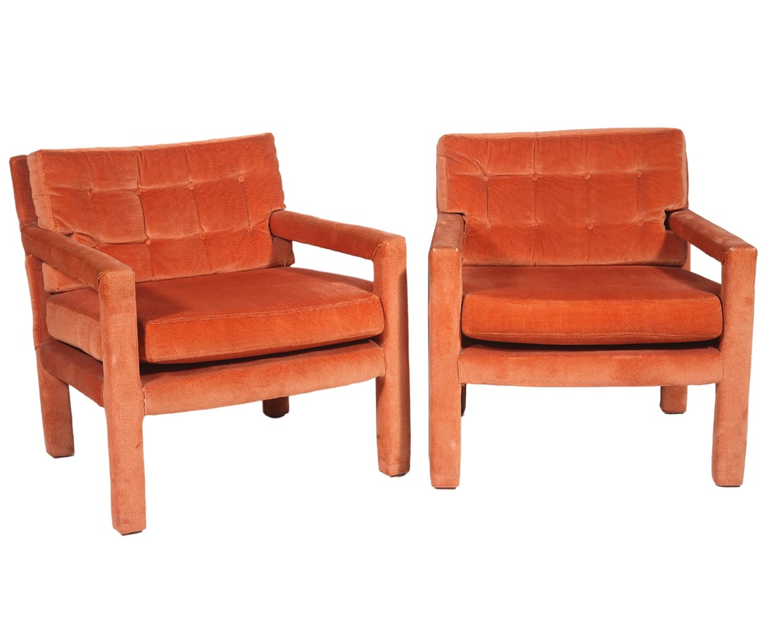 Pair of Milo Baughman Parsons Club Chairs: Pair of Vintage Milo Baughman Parsons Club Chairs in coral colored fabric. Measures 29.5"H x 26"W back; 28"W arm to arm; 17.5"H x 21"D x 26.5"W seat. Condition report: good slightly used condition, pl