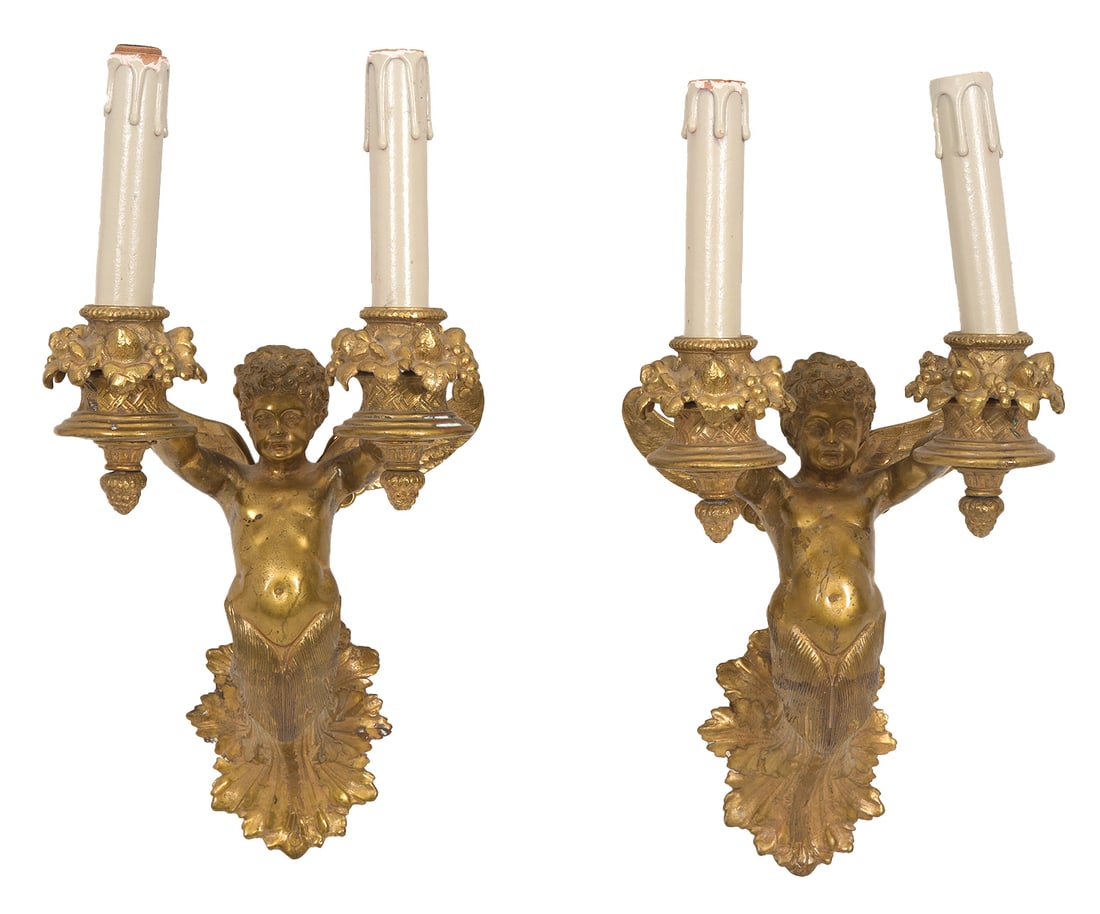 Pr. French Dore Bronze Cherub 2 Light Sconces (1 of 7)