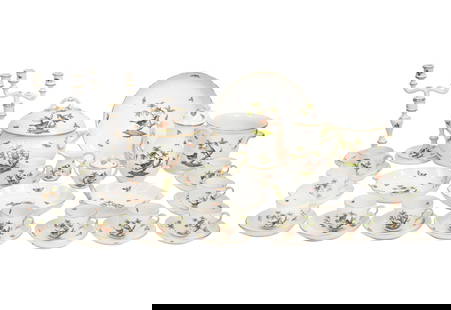 35 Pcs. Herend Rothschild Bird China: 35 pieces of Herend Rothschild Bird China includes a covered tureen, 2 serving dishes with branch handles, 1 large dish with scalloped rim, 1 cache pot, 12 saucers, 12 teacups, pair of double candlest