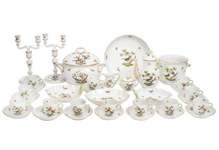 35 Pcs. Herend Rothschild Bird China: 35 pieces of Herend Rothschild Bird China includes a covered tureen, 2 serving dishes with branch handles, 1 large dish with scalloped rim, 1 cache pot, 12 saucers, 12 teacups, pair of double candlest