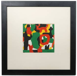 Signed Stuart Davis Abstract Art Painting: Manner of Stuart Davis, American (1894-1964). Bold and colorful abstract art, signed lower right and mounted in black frame with wide white matting. Measures 27.5"H x 27.5"W framed; 11.5"H x 11.5"W