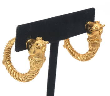 Lalaounis Earrings 22K YG Bulls' Head Earrings: Pair of Ilias Lalaounis (Greece 1920-2013) 22K yellow gold Bulls' Head hinged earrings showcasing stylized Bulls' heads with 6 petaled granulated flower accents and ornate collar. Hinged and ball term