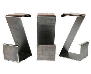 3 Martha Sturdy Vintage Metal 'Z' Barstools: 3 Martha Sturdy vintage metal 'Z' bar stools with 12" x 12" leather and suede reversible seat pads. Measures 29.5"H; base 16.5"D x 12"W. Condition: wear to metal finish, please see all photos. Contact