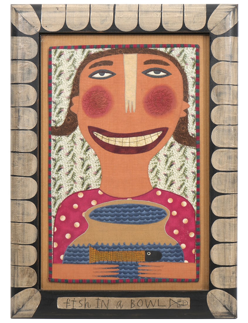 Original Chris Roberts-Antieau 'Fish in a Bowl': Chris Roberts-Antieau, American (Born 1950). Mixed media cloth in a painted wood fame, titled 'Fish in a Bowl'. Measures 22"H x 15.5"W framed; 15"H x 10.5"W work size. Condition report: good condition