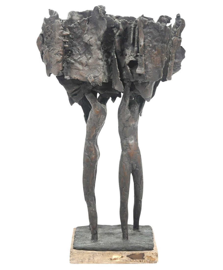 Brutalist Bronze Sculpture Attr. to Peter Chinni: Brutalist bronze sculpture attributed to Peter A. Chinni, American (1928-2019) features two figures walking with arms overhead, holding up debris or wreckage. No apparent signature. Measures 16.5"H x