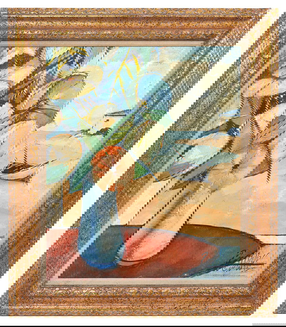 Charles Levier 'Fleur Sauvages' Signed Painting: Charles Levier, Corsica, France (1920-2003). Large oil on canvas signed lower right and mounted in gilt flecked carved wood frame of a boat on shore and vase of flowers in foreground. 'Fleurs Sauvages