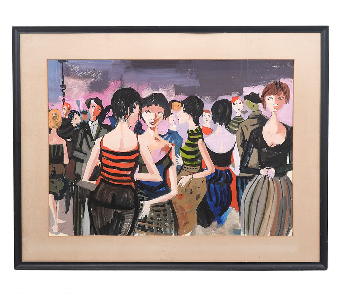 Charles Levier 'A Gathering' Watercolor Painting: Charles Levier, Corsica, France (1920-2003). Watercolor features a gathering of people, signed bottom center, mounted in thin black frame with wide matting. Measures 26.25"H x 33.25"W framed; 19"H x 2