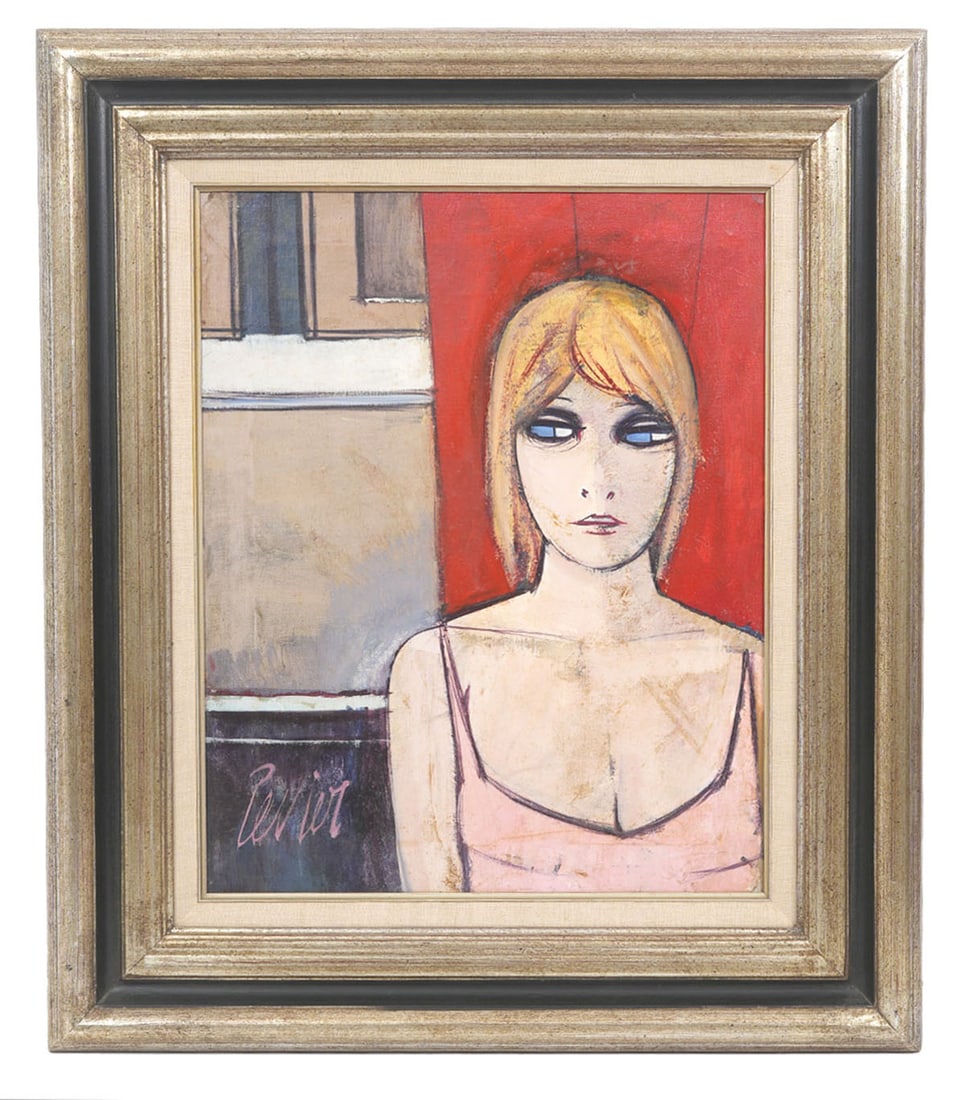 Charles Levier 'Jeune Fille' Painting: Charles Levier, Corsica, France (1920-2003). Levier oil on canvas painting of a young girl next to a window, signed lower left, mounted in gilt and black painted wood frame. Written on verso 'Jeune Fi