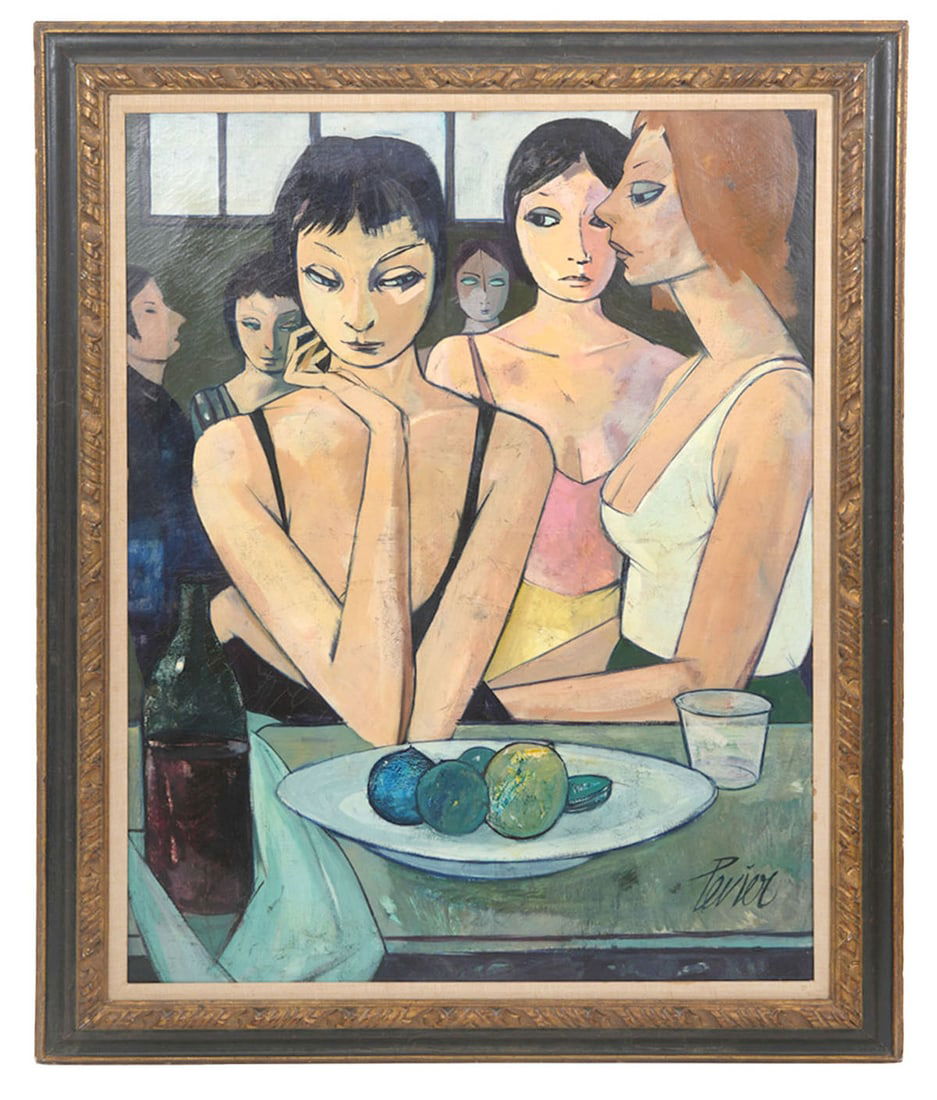 Charles Levier 'Cocktail Hour' Oil Painting: Charles Levier, Corsica, France (1920-2003). Levier oil on canvas of some women around a small table, mounted in carved black and gilt wood frame, signed bottom right. Measures 47"H x 37.5"W framed. C