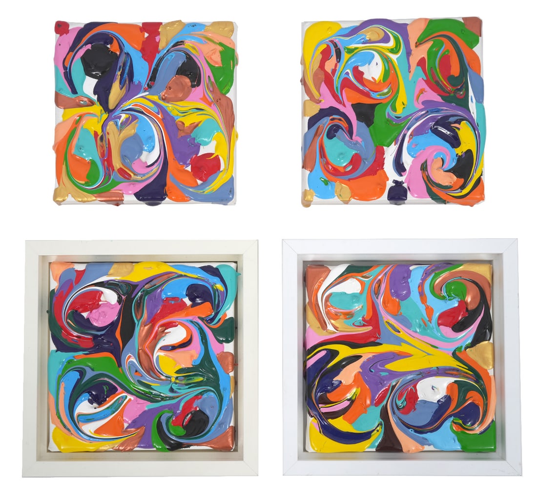 4 Eduardo Guelfenbien Small Paintings: Eduardo Guelfenbein, Chile (Born 1953). Guelfenbien's art work is described as liquid abstractions and thick textured Acrylic painting with full color bold palletes. Infinite patterns and forms that r
