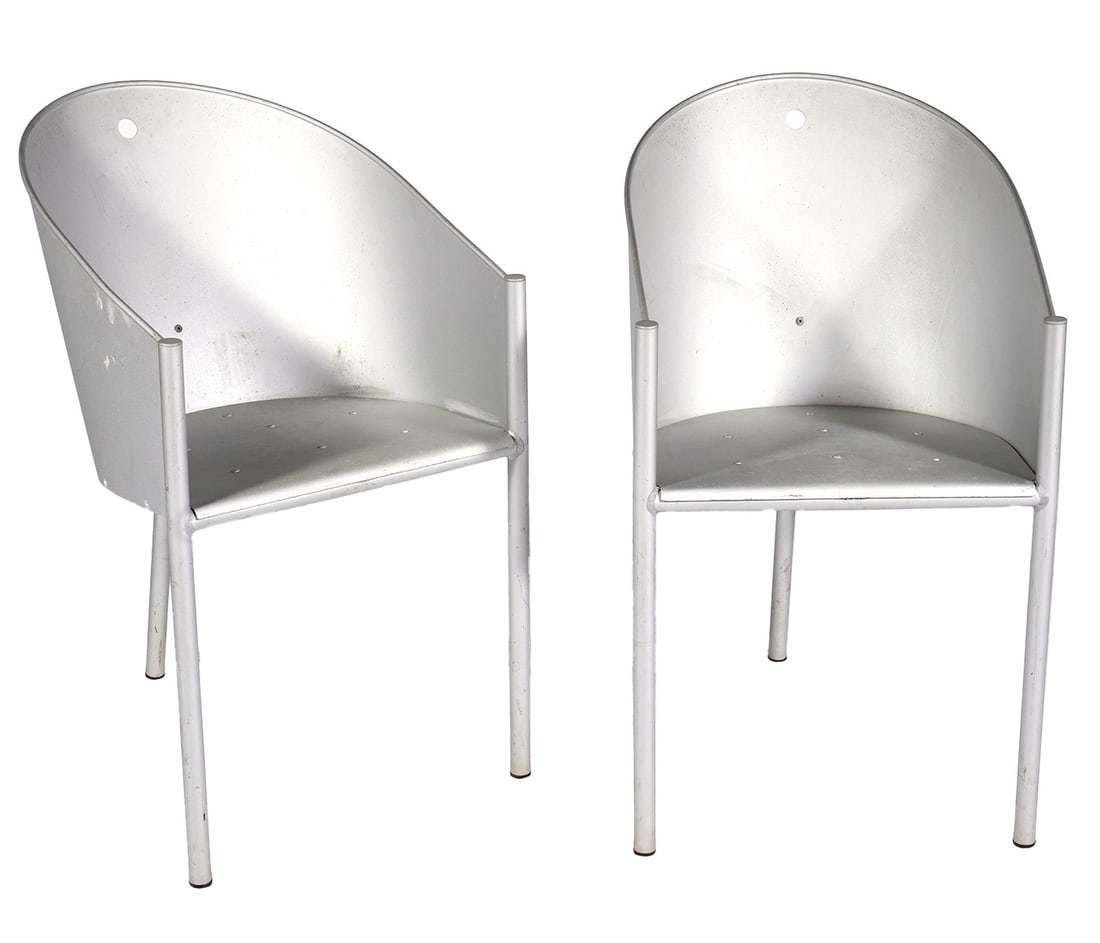 Pr. Philippe Starck 'Aluminio' Chairs: Designed in 1988 by Philippe Starck for Driade, pair of 'Aluminio' chairs, made of curved and riveted aluminum sheet on a tripod tubular aluminum base. Signed. Measures 31.5"H (back) x 15"D (seat) x 1