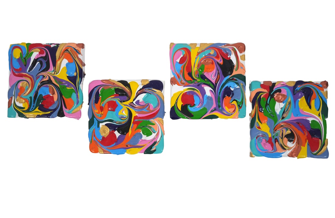 4 Small Eduardo Guelfenbein Paintings: Eduardo Guelfenbein, Chile (Born 1953). Guelfenbien's art work is described as liquid abstractions and thick textured Acrylic painting with full color bold palletes. Infinite patterns and forms that r