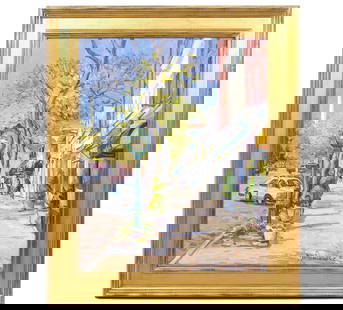 Jan Pawlowski 'Green Ave, Spring' Oil Painting: Jan Pawlowski, Polish/American (Born 1949). Oil on canvas painting of street scene in colorful town mounted in gilt wood frame, signed and dated, 2007, lower right. Measures 37.5"H x 31.5"W framed; 30