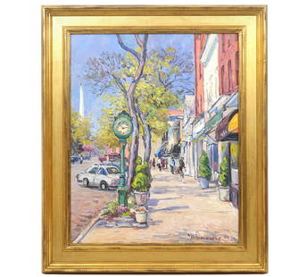 Jan Pawlowski 'Green Ave, Spring' Oil Painting: Jan Pawlowski, Polish/American (Born 1949). Oil on canvas painting of street scene in colorful town mounted in gilt wood frame, signed and dated, 2007, lower right. Measures 37.5"H x 31.5"W framed; 30