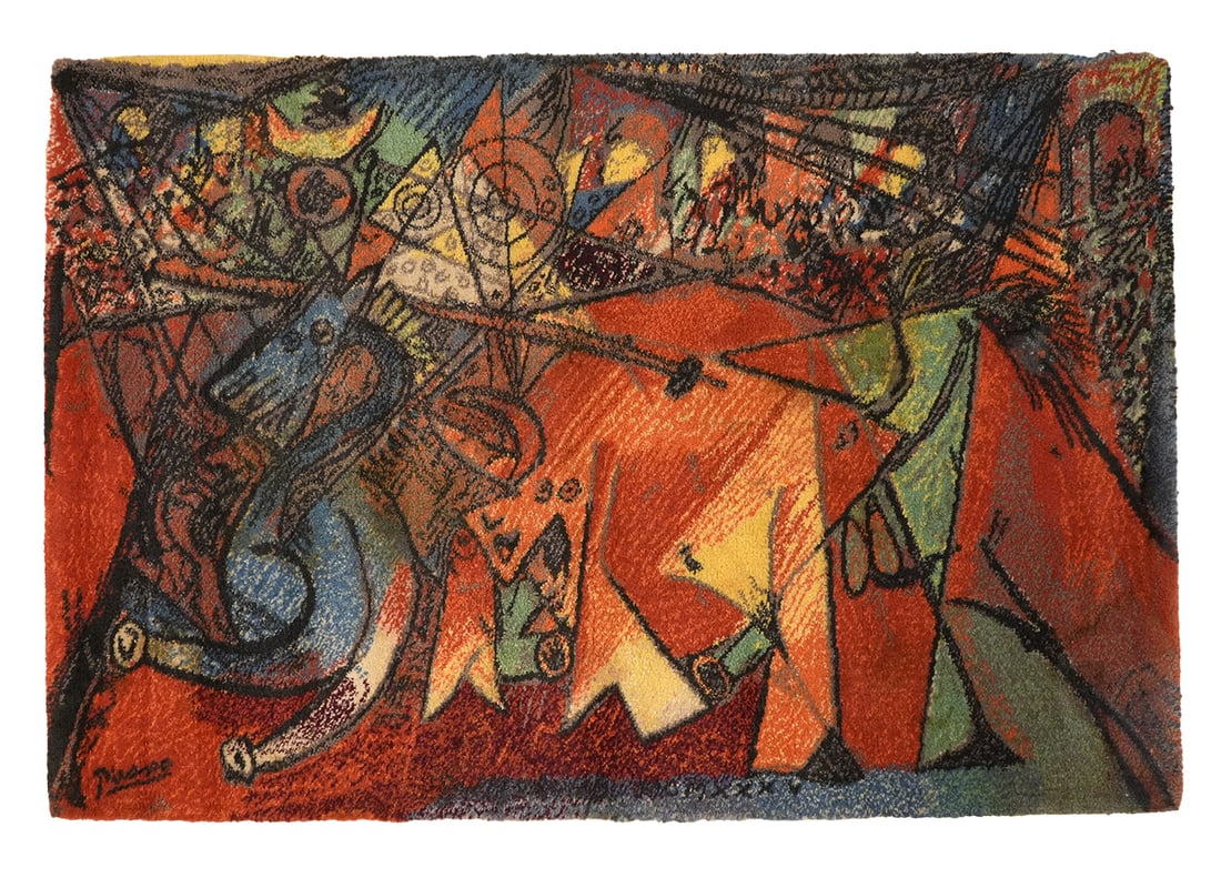 After Picasso 'The Run of The Bulls' Rug: After Pablo Picasso rug. 'The Run of the Bull's'. Made by Ege Axminster, 1994. Measures 54" x 80". Condition report: good condition with minor signs or wear. Contact AAG for more detailed information 