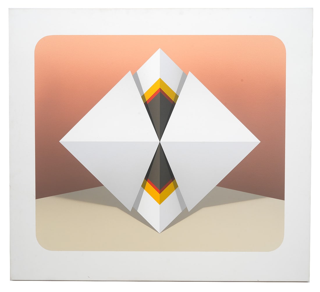 Marko Spalatin Op Art 'Manta II' Painting: Marko Spalatin, American (Born 1945). 'Manta II'. Oil on canvas. Signed and titled on verso. Measures 36" H x 40" W. Condition report: good, no issues. Contact AAG for more detailed information if nee