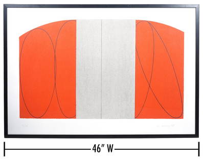 Robert Mangold 'Red Gray Zone' Screenprint: Robert Mangold, American (Born 1937). American minimalist artist of modern art combining shape, color and lines. Mounted in black frame, numbered lower left 16/108, and signed lower right. Provenance: