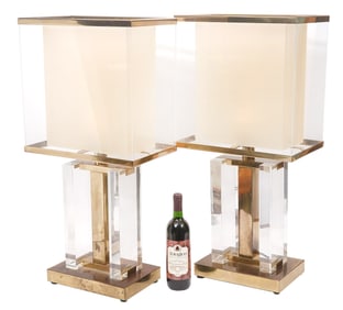 Pr Mid-Century Modern Brass & Lucite Table Lamps