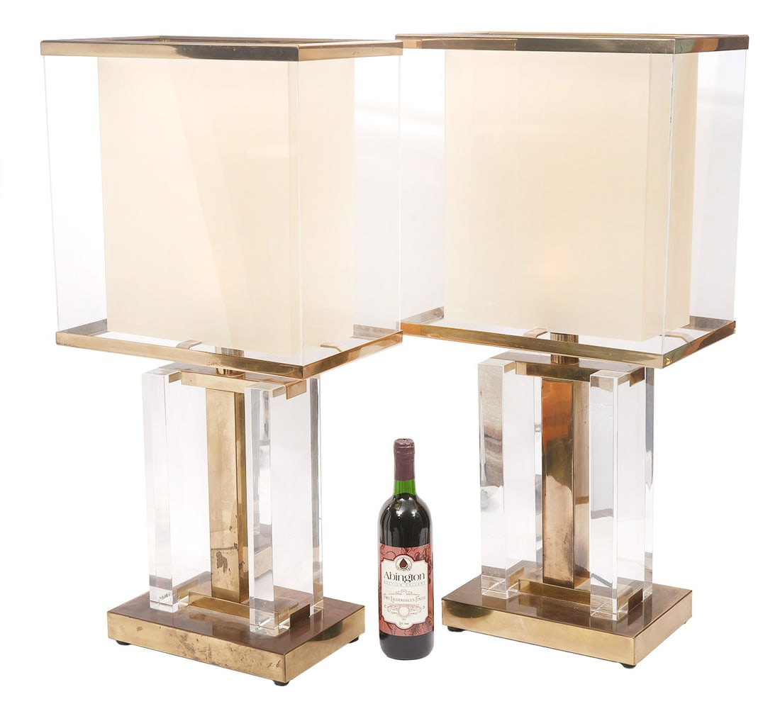 Pr Mid-Century Modern Brass & Lucite Table Lamps