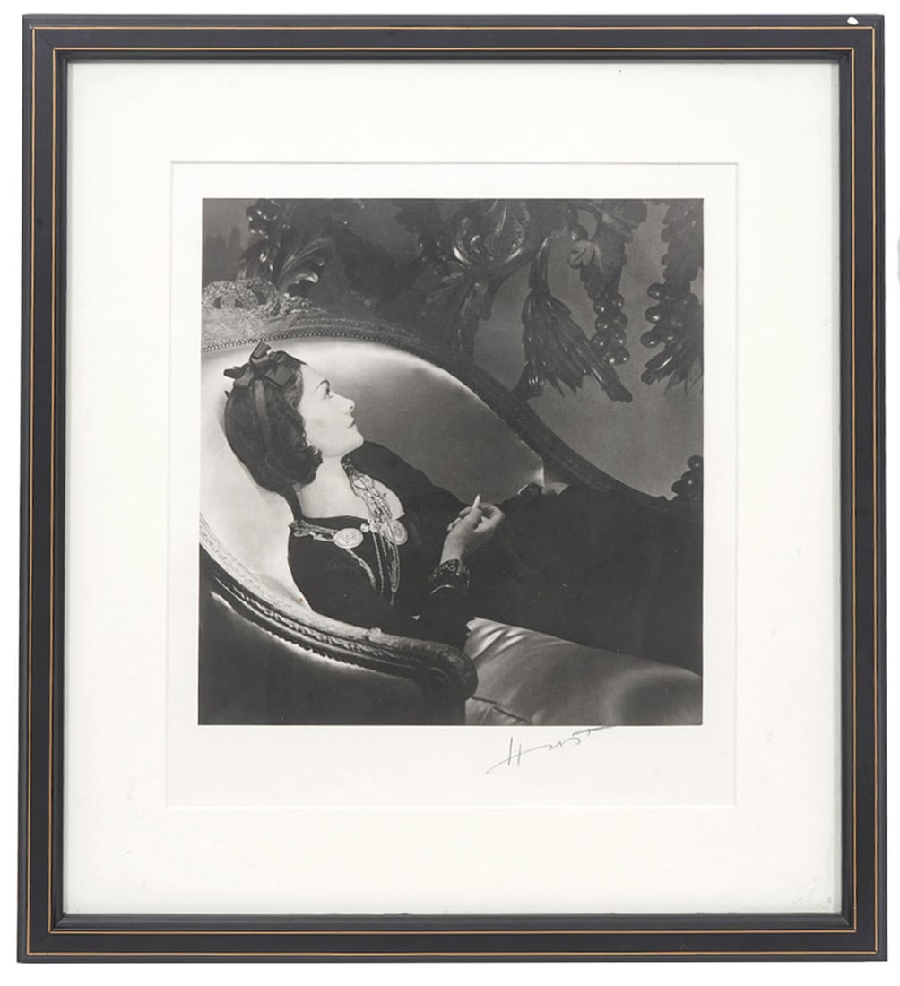 Horst P. Horst 'Coco Chanel Paris' Platinum Print: Horst P. Horst, German/American (1906-1999). 'Coco Chanel, Paris, 1937'. Platinum palladium print, printed later on Agfa paper. Sheet measures 13 7/8" x 10 7/8", signed in pencil below image and again
