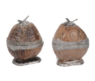 Silver Mounted Pair Coconut Shell Boxes