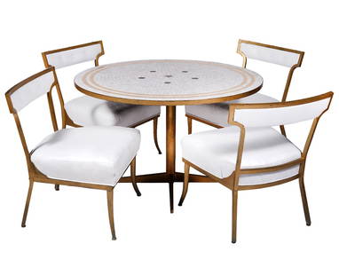 Billy Haines Mid-Century Table and Four Chairs: William 'Billy' Haines, American (1900-1973). Round table with off white and gilt tiles, center star, brass trim and base with four brass and white fabric Klismos chairs. Table has a 42" diameter and