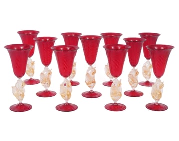 11 Murano Italian Swan Stem Goblets by Cenedese