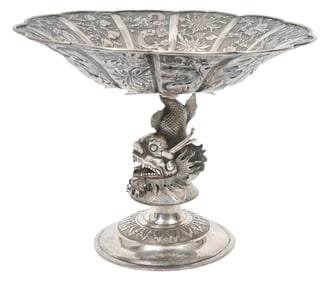 Chinese Export Silver Dragon Fish Tazza