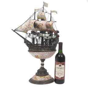 LARGE Antique Viennese Enamel & Silver Nef