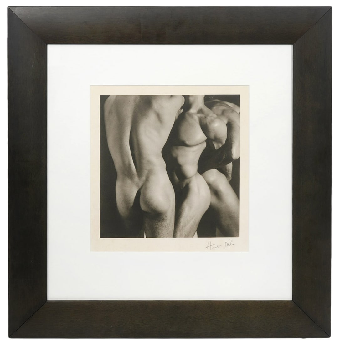 Herb Ritts 'Three Male Torso's' Platinum Print: Herb Ritts, American (1952-2002). 'Three Male Torsos', 1986 (printed later). Platinum print signed and numbered in pencil, 60/100. Frame measures 24.5"H x 22.5"W, paper 15 7/8" H x 13" W. Condition: g